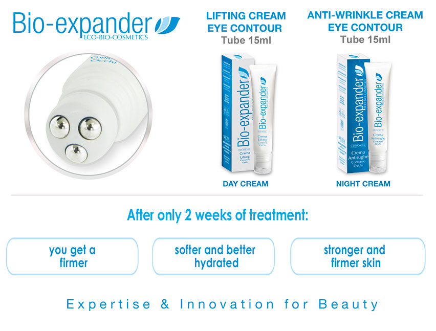 Bio-expander eco-bio-cosmetics: lifting cream eye contour, tube 15 ml, day cream - anti-wrinkle cream eye contour, tube 15 ml, night cream. After only 2 weeks of treatment: you get a firmer, softer and better hydrated, stronger and firmer skin. Expertise & Innovation for beauty